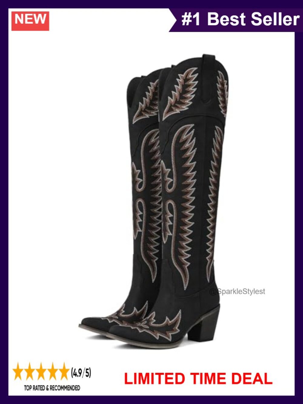 Over The Knee Cowboy Boots Women Leather Western Tall Pointed Toe Block Heel